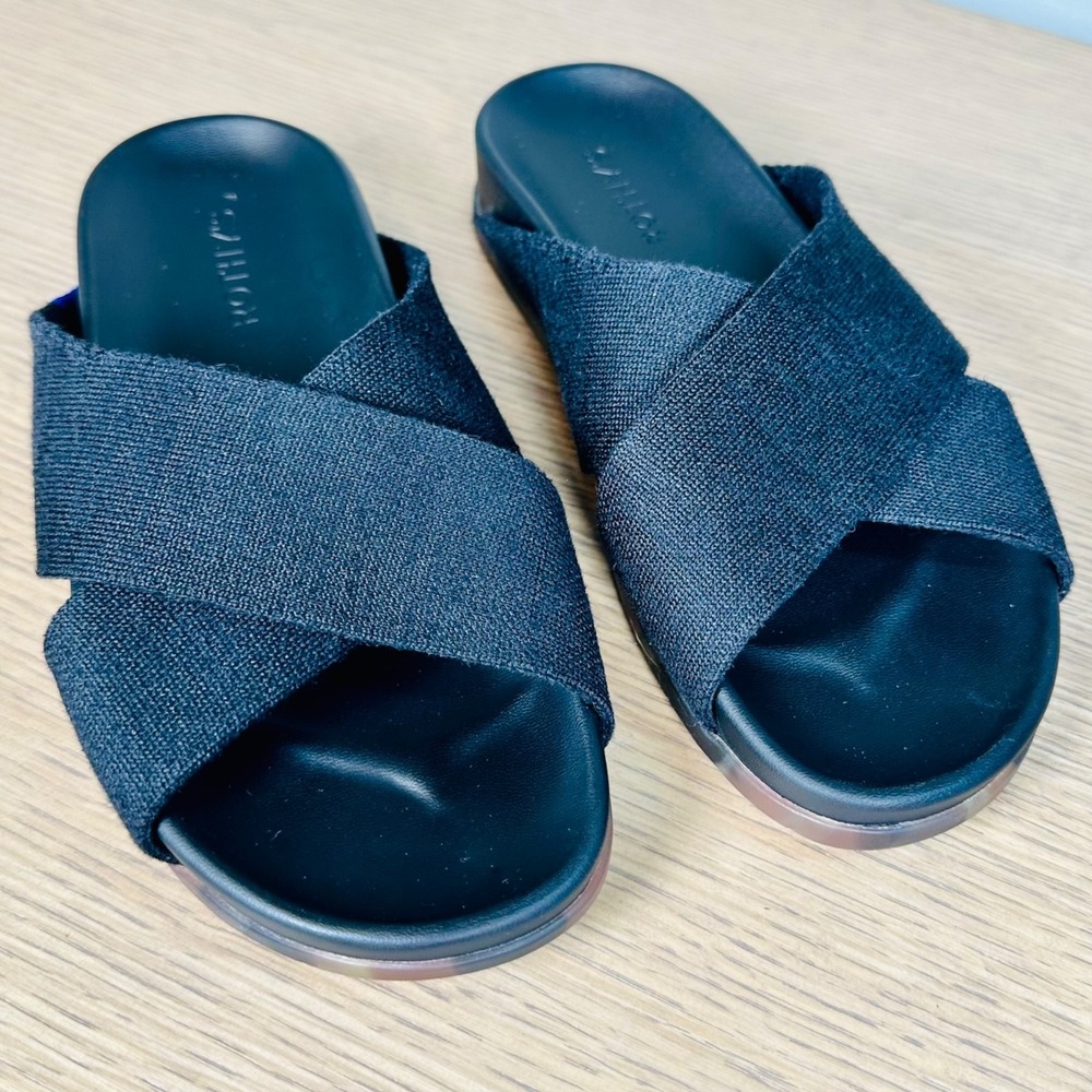 Rothy's The Weekend Slide Sandals Black Tortoise Sole Women's 6.5 NWOT